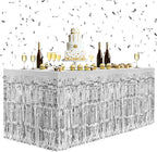 2 Pack Silver Table Skirts, 29x108" Metallic Foil Tinsel Fringe Table Skirts for Rectangle Tables Streamer Curtains Backdrop, Party Decorations for Birthdays Weddings Holidays