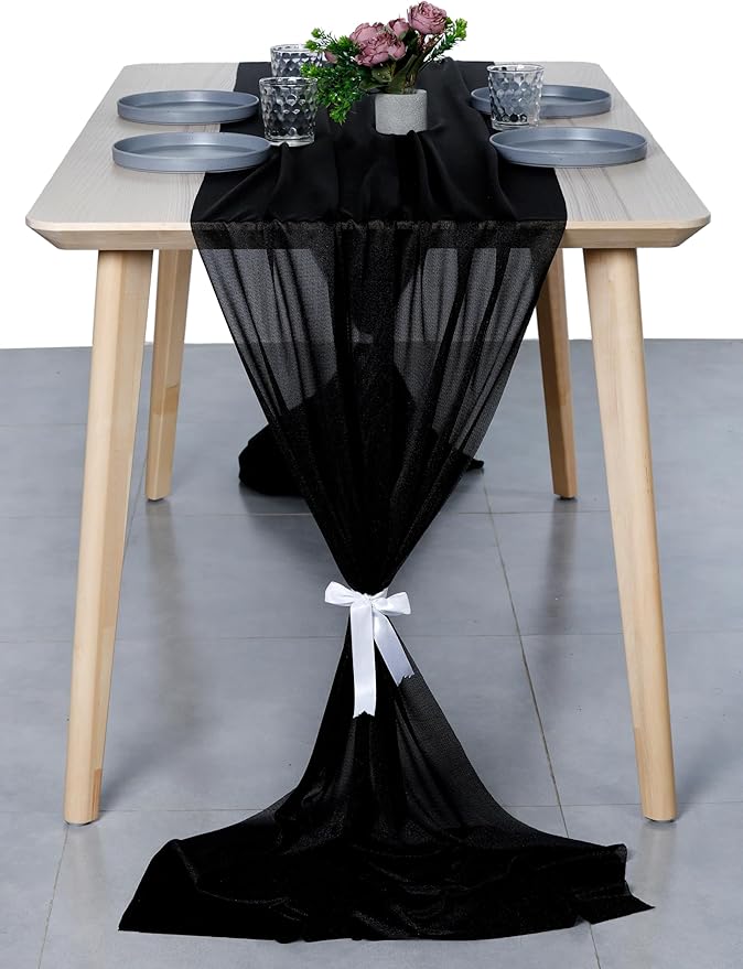 MDS 15 Pack 10ft Chiffon Table Runner 29 x 120 Inches Sheer Wedding Runner Romantic Rustic Table Runner for Wedding Decorations, Birthday Parties, Bridal Shower Party Arch Decor - Black