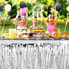 4 Pack 29x108 Inch Metallic Foil Fringe Tinsel Table Skirts for Rectangle Tables Streamer Curtains Backdrop for Wedding, Birthday, Parade Floats, Christmas, Halloween Party Decoration(Silver)