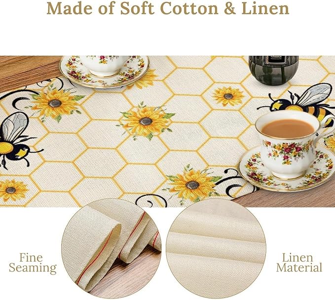 Bee Sunflower Table Runner, Farmhouse Orange Honeycomb Vintage Spring Summer Flowers Print Table Cover for Party Wedding Home Kitchen Dining Table Decor, 13x120inch