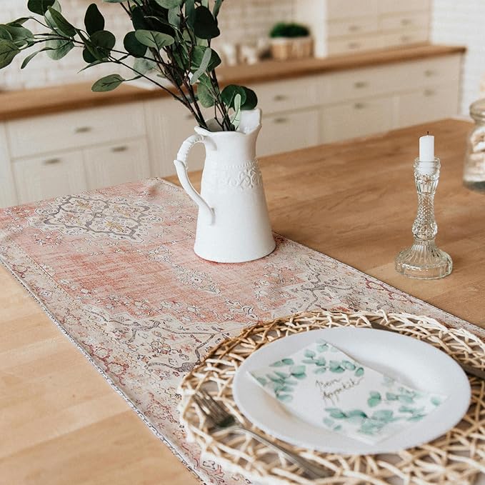 Snycler Table Runner Boho Table Runners Vintage Elegant Farmhouse Table Center Linen Decor for Home Dining Party Entrance (13x48 Inch) Light Pink