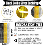 4 Pack 3.2Ft x 6.6Ft Black Gold Silver Fringe Curtain Backdrop, Metallic Tinsel Foil Fringe Streamers Curtains Background for Wedding Notorious One Birthday Roaring 20s Graduation Party Decoration