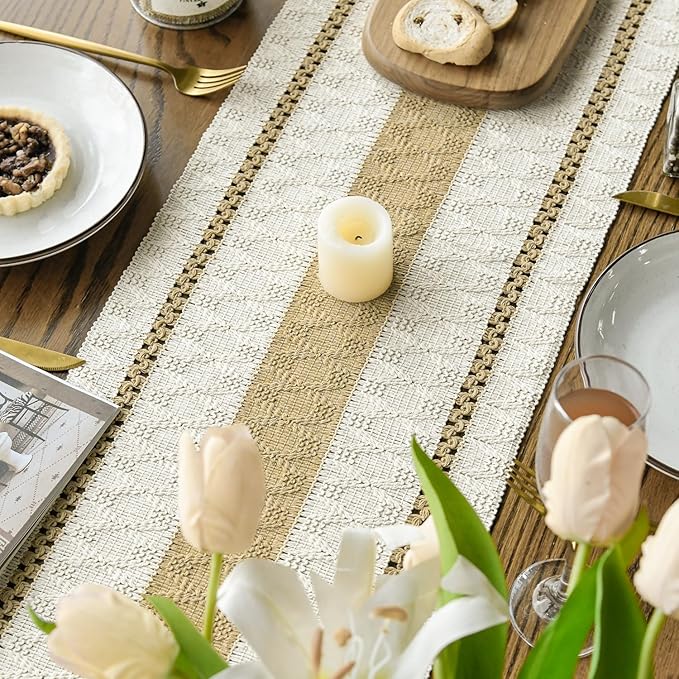 Artoid Mode Burlap Brown Farmhouse Woven Rustic Table Runner, Seasonal Holiday Hollow Kitchen Dining Table Decoration for Home Party Decor 12x72 Inch