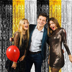 4 Pack Black Gold Silver Foil Fringe Curtain Backdrop, 3.28Ft x 8.2Ft Metallic Tinsel Foil Fringe Streamers for Photo Booth, Wedding, Notorious One Birthday Roaring 20s Graduation Party Decoration