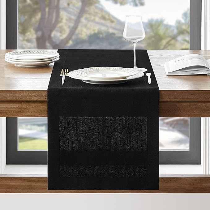 ZeeMart Linen Textured Border Table Runner, 14 x 108 Inch Black, Farmhouse Style Black Table Runners 108 Inches Long, Easy Care Everyday Polyester Table Runner