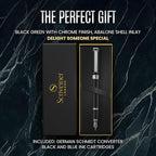 Scriveiner Black Green Fountain Pen - Stunning Luxury Pen with Chrome Finish, Schmidt Nib (Medium), Best Pen Gift Set for Men & Women, Professional, Executive, Office, Nice Pens