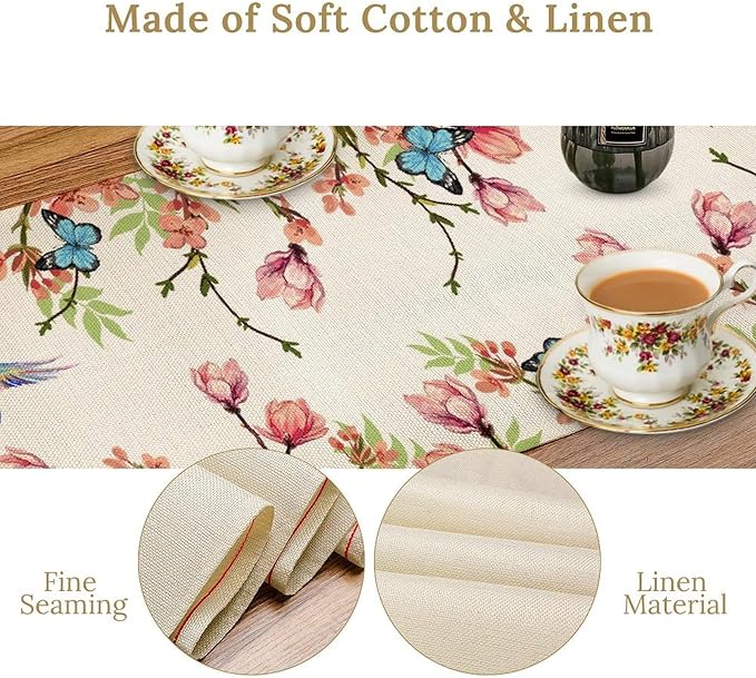 Floral Butterfly Table Runner Seasonal Spring Flower Bird Table Decoration Table Runner for Home Party Decoration 13x36 Inch