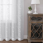 VISIONTEX White Sheer Voile Curtains, Decorative Leaves Embroidery Faux Linen Rod Pocket Window Drapes for Home Kitchen, Living Room and Bedroom 54 x 95 Inch, Set of 2 Curtain Panels