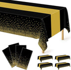 4Pack Black and Gold Tablecloths for Events, 54" x 108" Plastic Table Cloth Disposable for Rectangle Tables, Waterproof Table Cloth Cover for New Years Eve Decorations Holiday Birthday Wedding Dining