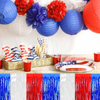 3 Pack White Blue Red Foil Fringe Table Skirts Metallic Tinsel Streamers Garland Banner Backdrop for Table Decor, Parade Float, Birthday, Wedding, Halloween, Christmas Party Decorations(29x108 In)