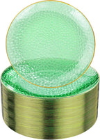 Rubtlamp 100 Pcs Green And Gold Plastic Plates - 10 inch Clear Green Gold Dinner Plates - Hammer Pattern Design - Fancy Disposable Platos - Heavy-Duty Party Platos Ideal for Wedding
