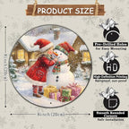 Round Wall Decor Metal Sign - Girl & Snowman Rustic Wall Plaque - Christmas Wreath Sign - 8*8 in