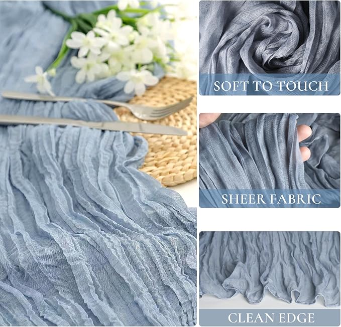 10 Pack Dusty Blue Cheesecloth Table Runner 35x120 Inch, Fall Thanksgiving 10FT Boho Gauze Cheese Cloth Table Runner Rustic Semi-Sheer Runner for Wedding Bridal Baby Shower Birthday Party Home Decor