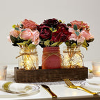 Mason Jar Lights Centerpiece for Table, Mason Jar Centerpiece Decor for Dining Room Farmhouse Coffee Table Decor with Wood Tray Fairy Lights Peony Flowers for Kitchen Living - Burgundy Pink