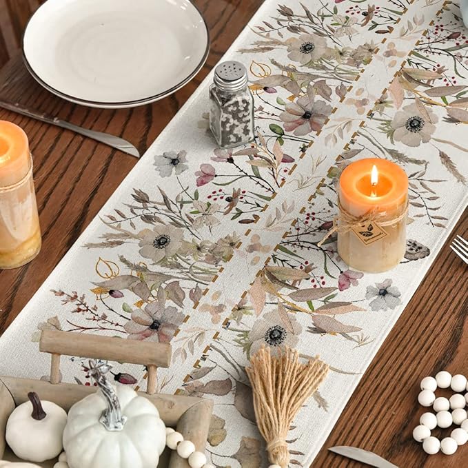 Artoid Mode Wildflower Leaves Floral Fall Table Runner, Autumn Thanksgiving Kitchen Dining Table Decoration for Indoor Outdoor Home Party 13x120 Inch
