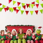 Red and Green Metallic Fabric Triangle Pennant Banner Flag Bunting Garland for Merry Grinchmas Birthday Baby Shower Bachelorette Xmas Holiday Christmas Holiday New Year Party Decorations Supplies