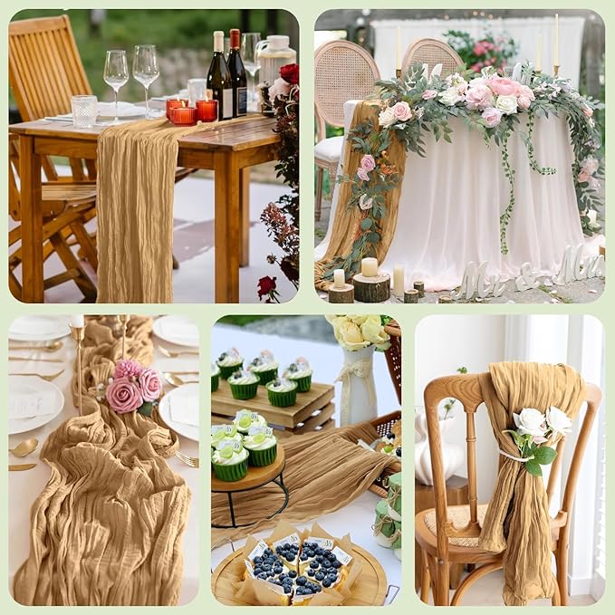Asee'm 2pcs Cheesecloth Table Runner 120 Inches Long Khaki Boho Gauze Cheese Cloth Runner 10FT Rustic Sheer Table Runners for Christmas Wedding Party Baby Shower Spring Easter Decoration
