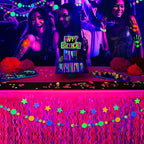 Mega-L Glow in The Dark Party Supplies, 2 Pack Neon Party Decorations Fluorescent Macaron Fuchsia Wavy Metallic Tinsel Foil Fringe Table Skirts, Perfect Table Decors for Glow Birthday Decor