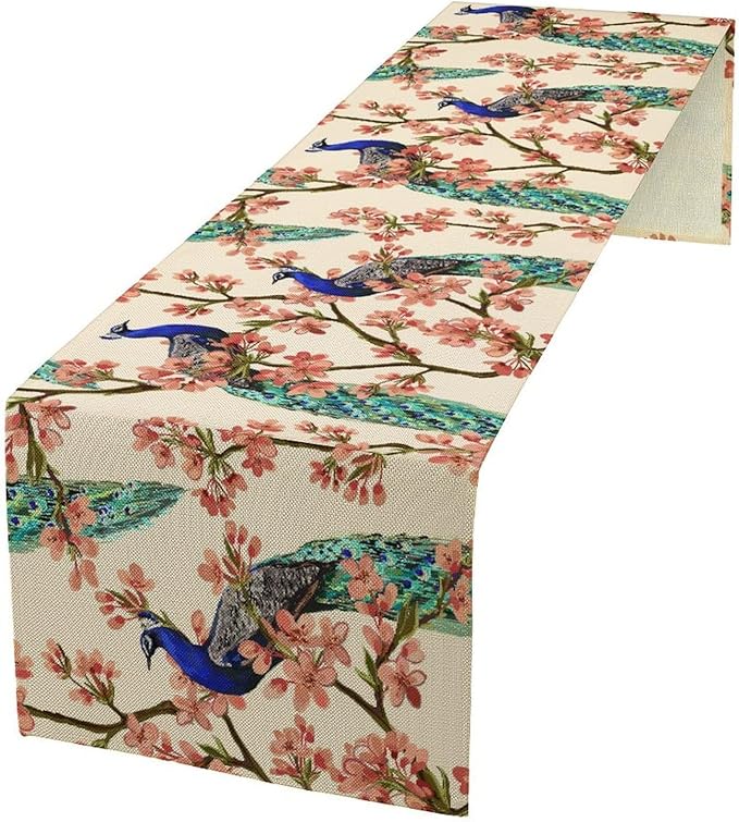 Peacock Table Runner,Spring Floral Peacock Birds Table Runner for Home Kitchen Dining Party Indoor Outdoor Decoration 13x70 Inch