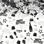 VHUWE Happy Birthday Confetti, 1.6 oz Black Silver Cake Balloon Star Goblet Bottle Confetti for Happy Birthday Party Decorations Boys Girls Kids Women Men Birthday Table Decorations | Black Silver
