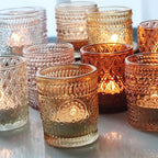 12 pcs Glass Votive Candle Holders, 6 Colors 3 Patterns Tealight Candle Holders for Fall Wedding Table Centerpiece Birthday Decoration