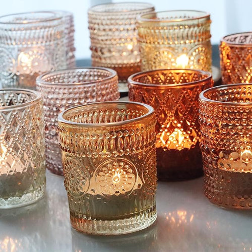 12 pcs Glass Votive Candle Holders, 6 Colors 3 Patterns Tealight Candle Holders for Fall Wedding Table Centerpiece Birthday Decoration