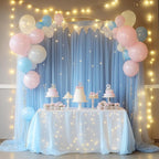 Tulle Backdrop Curtain with Lights String 10FT X 8FT Baby Blue Sheer Tulle Backdrop Curtains for Wedding Birthday Party Reception Photo Booth Background Decorations (2 Panels 5x8FT)