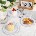 bUCLA 200PCS Silver Plastic Plates - 6.25inch White with Silver Trim Disposable Salad/Dessert/Appetizer/Small Cake Plates - Ideal for Wedding & Party