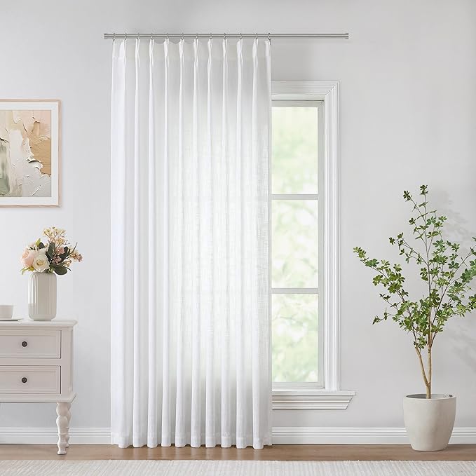 Vision Home White Pinch Pleated Semi Sheer Curtains Textured Light Filtering Window Curtains 108 inch for Living Room Bedroom Patio Rayon Blended Pinch Pleat Drapes with Hooks 1 Panel 60" Wx108 L