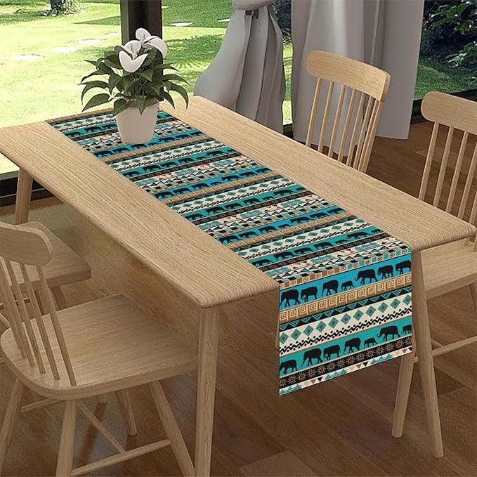 Boho Table Runner, Rustic Aztec Blue Teal African Elephant Tribal Ethnic Native Farmhouse Table Center Decor for Home Kitchen Dining Patio Holiday Party Indoor Outdoor Table Decorations, 13"x36" Inch