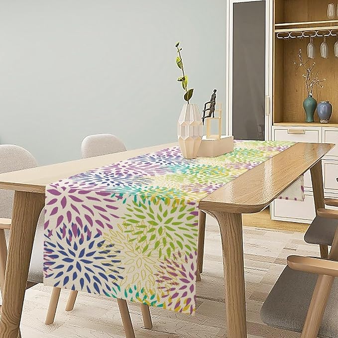 Purple Flowers Table Runner, Chrysanthemum Dahlia Vintage Modern Colorful Spring Summer Elegant Table Runner for Party Kitchen Dining Living Room Laundry Room Decor, 13x60 Inch