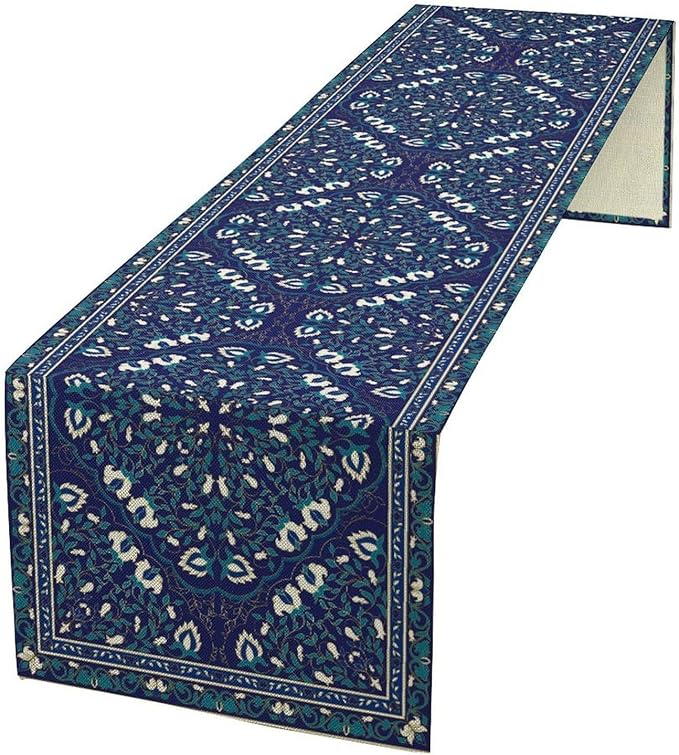 Boho Floral Vintage Table Runner, Retro Morris Abstract Blue Flower Rustic Country Farmhouse Pattern for Home Kitchen Table Decor Dining Coffee Room Wedding Party Decor 13x36in
