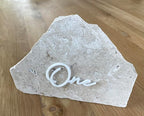 Cursive Wedding Table Number SET, DIY thin modern Black or White acrylic cutouts with silicone glue included. Words only, no backing (One - Five, Gloss White)