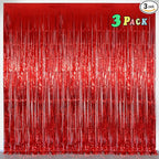 Foil Fringe Curtains Party Decorations - Melsan 3 Pack 3.2 x 8.2 ft Tinsel Curtain Party Photo Backdrop for Birthday Party Baby Shower or Graduation Decorations (Pure red)