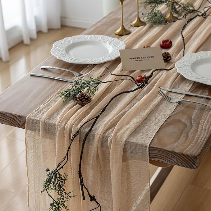 6pcs Deep Beige Cheesecloth Table Runner Rustic Boho Gauze 120 Inch 10 FT Cheese Cloth for Wedding Baby Shower Bridal Shower Birthday Party Long Sheer Home Decorations