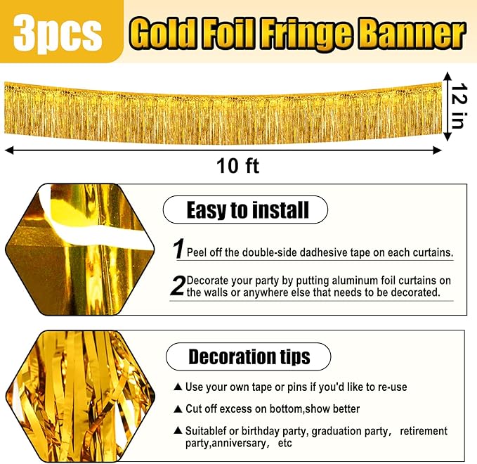 3 Pack 10 Long Gold Metallic Foil Fringe Garland Wall Hanging Tassle Banner, Mother's Day, Easter, Parade Floats, Birthday, Theme Party, Wedding Party Decorations