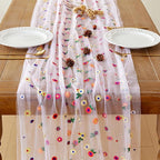 JIALE Pink Floral Table Runner, Embroidery Daisy Seasonal Table Decorations, 120Inch 10FT Tulle Fabric for Home Decor, Bridal Shower Wedding, Baby Shower Parties, DIY Craft