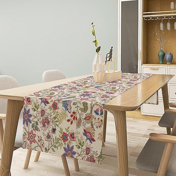 Spring Floral Table Runner, Boho Floral Pattern Natural Plant Table Decoration for Home Kitchen Restaurant Holiday Party, 13in W x 36in L