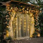 Tulle Backdrop Curtain with Lights String 20 X 10FT Champagne Sheer Tulle Backdrop Curtains for Wedding Birthday Party Reception Photo Booth Background Decorations (4 Panels 5x10FT)