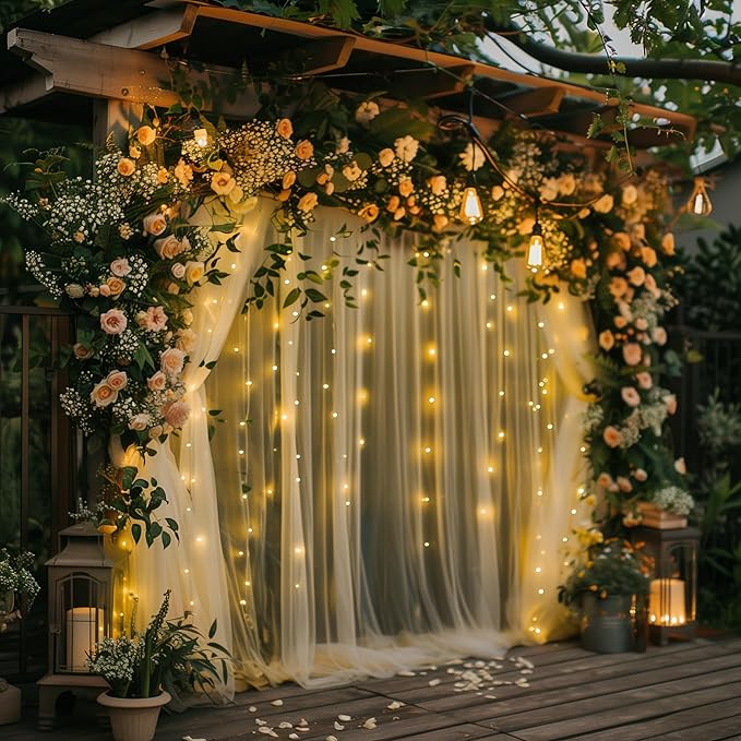 Tulle Backdrop Curtain with Lights String 10FT X 10FT Champagne Sheer Tulle Backdrop Curtains for Wedding Birthday Party Reception Photo Booth Background Decorations (2 Panels 5x10FT)