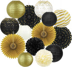 14Pcs Black and Gold Party Decorations, Hanging Paper Lanterns Fans Tissue Flower Pom Poms for Men Birthday Graduation Retirement New Years Decorations New Years Eve Party Supplies 2026