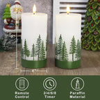 Silverstro Holiday Flameless Candles Green Hand Drawn Christmas Tree Design with Remote Control, Flickering Real Wax Christmas LED Candles - Home Party Bathroom Room Xmas Decorations - Set of 2