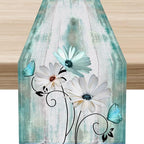 Daisy Floral Table Runner, Farmhouse Abstract Spring Seasonal Summer Blue White Flower Rustic Table Center Decor for Home Kitchen Dining Patio Holiday Party Indoor Table Decorations, 13"x108" Inch