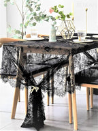 BOXAN Black Lace Tablecloth Overlay Rose Vintage Embroidered, Romantic Boho Wedding Reception Table Decor, Baby & Bridal Shower Décor, Elegant Chic Outdoor Tea Party Tablecover -120" x 60" Rectangular