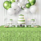 4 Pack Light Green Table Skirts, 29x108" Metallic Foil Tinsel Fringe Table Skirts for Rectangle Tables Streamer Curtains Backdrop, Party Decorations for Birthdays Weddings Holidays