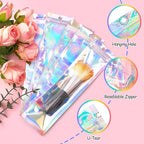 FUNFERY 100 Pack Holographic Bags Clear Window Resealable Bags for Candy Party Favor, Mylar Zipper Bag Stripping Foil Pouch Packaging Bag for Pen,Jewelry,Brushes Small Business Supplies(2.7x9in)