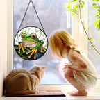 Stained Glass Window Hanging, Green Frog White Petals Sun Catchers Colorful Glass Panel Cute Suncatcher Decor for Birthday for Women, Men, Wife, Aunt, and Mom 11.8x11.8 in