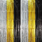 2 Pack Black Gold Silver Foil Fringe Backdrop Curtains, Tinsel Streamers Party Decorations, Fringe Backdrop, Door Shimmer for New Years or Birthday Party