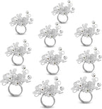 Decorative Napkin Ring Set of 12 - Handmade Glass Beads Napkin Holders for Table Setting Elegant Dining Accessory Round Heavy Duty Metal Frame Wedding & Party Table Décor (Silver) - CLEENTABLE