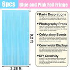 6 Pack Macaron Pink Blue Foil Fringe Curtain Backdrop, 3.28Ft x 8.2Ft Metallic Tinsel Foil Fringe Streamer Curtains for Photo Booth, Birthday, Wedding, New Year Party Decorations